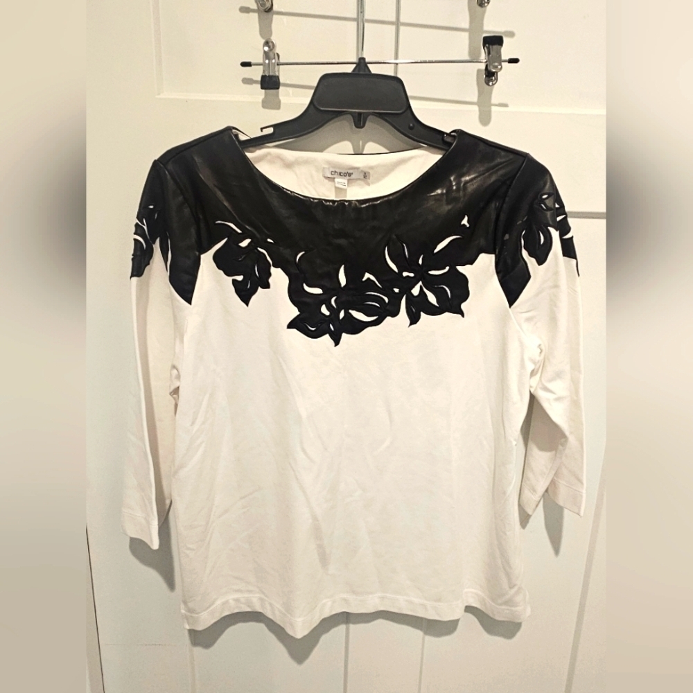 Chico’s Faux Leather Floral Cutout Top White Black 3 XL